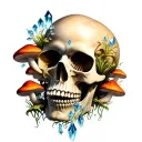 skull with mushrooms and crystals growing off it tattoo design idea