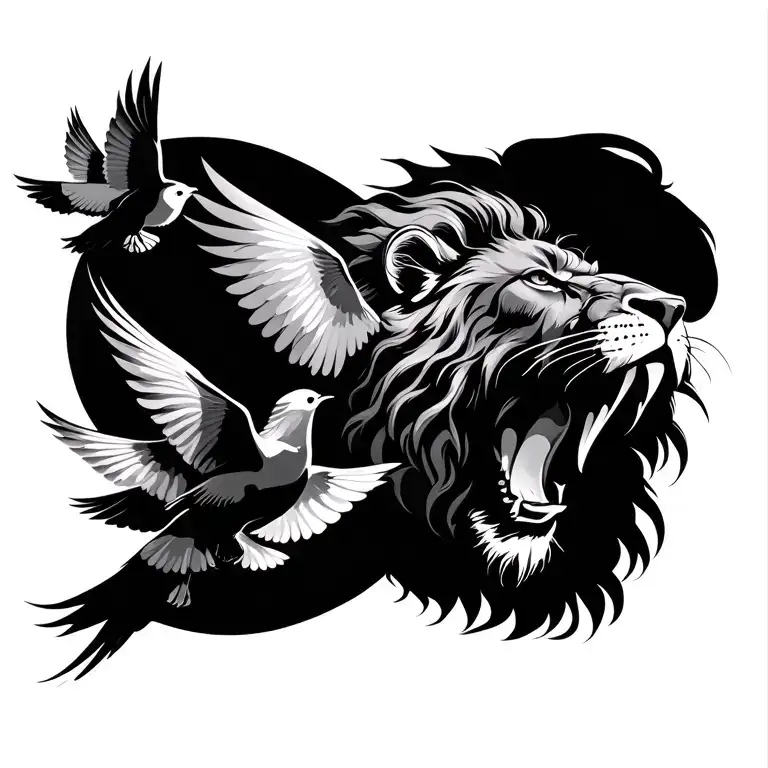 lion roaring, dove birds flying away, tattoo design idea