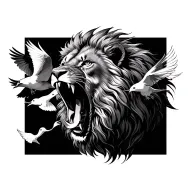lion roaring, dove birds flying away, tattoo design idea