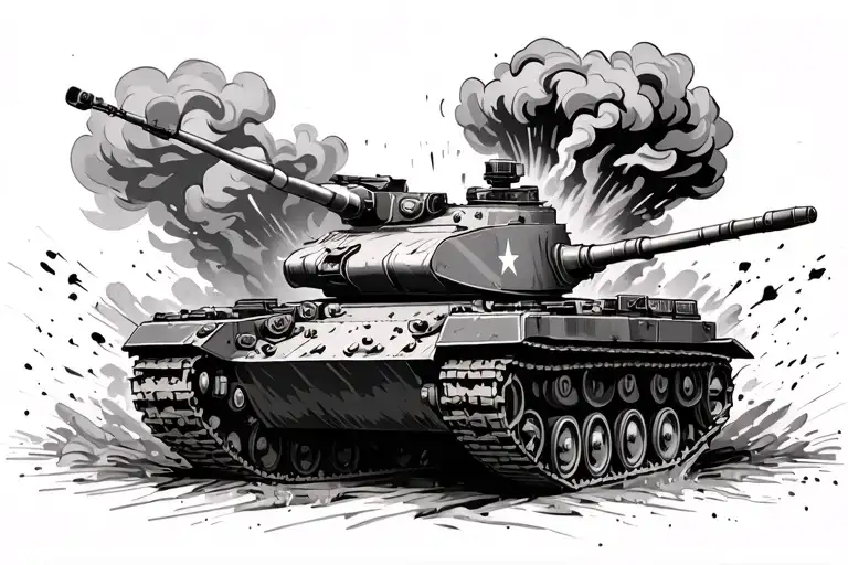 army tank with smoke and explosion background  tattoo design idea