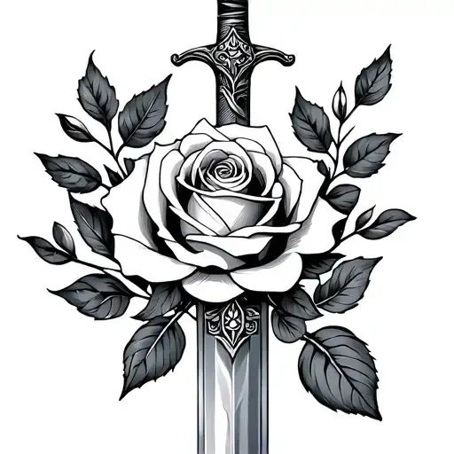 Rose and olive branch time of birth and a sword tattoo design idea