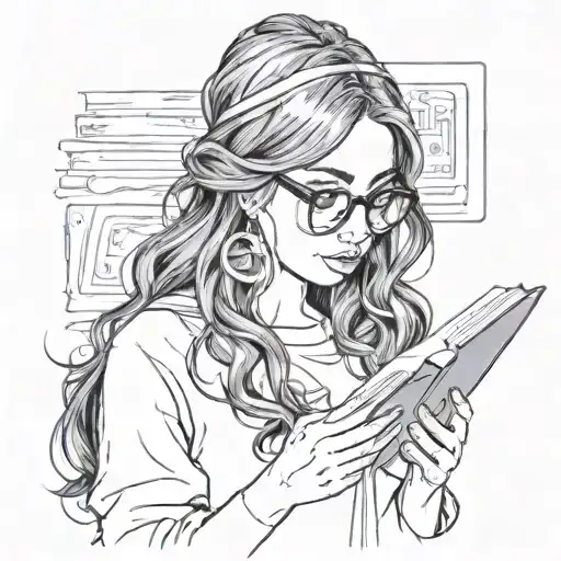 girl with long black hair and 00 gaged earrings and glasses reading book that covers face tattoo design idea