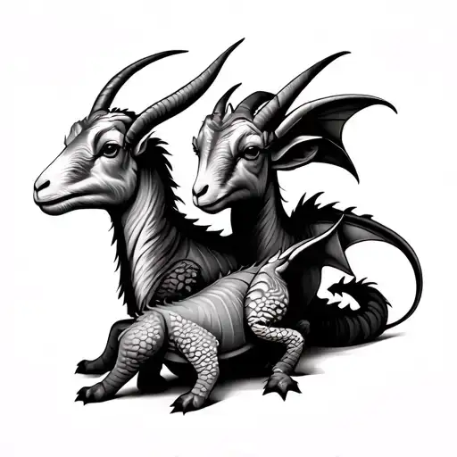 two goats and a baby dragon intertwined tattoo design idea