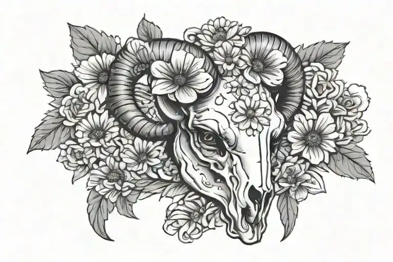 female ram skull with daisies and diamond gems tattoo design idea