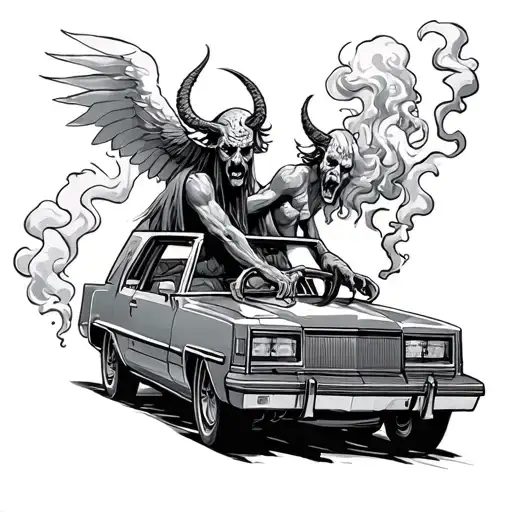 God and the devil are driving in a car and smoking tattoo design idea