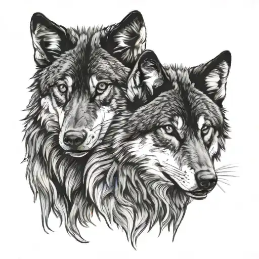 A black and grey portrait of a black wolf standing guard over its mate tattoo design idea