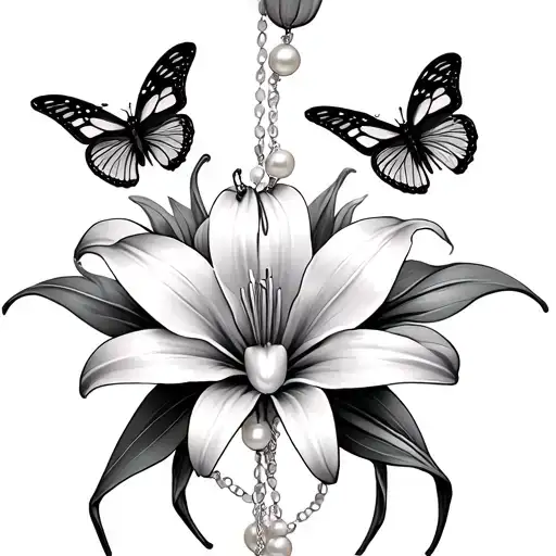 spider lily with butterfly and pearl rosary wrapped tattoo design idea