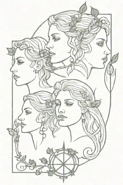 Triple Goddess Faces with Ivy in hair and dagger in front tattoo design idea