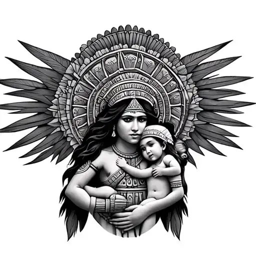 Aztec goddess carrying two baby girls tattoo design idea
