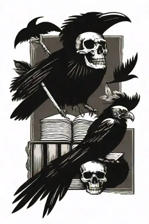 old books, feather quill, skulls, raven perched tattoo design idea
