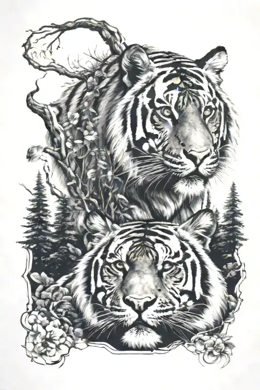 Tiger and Forest scene featuring elements tattoo design idea