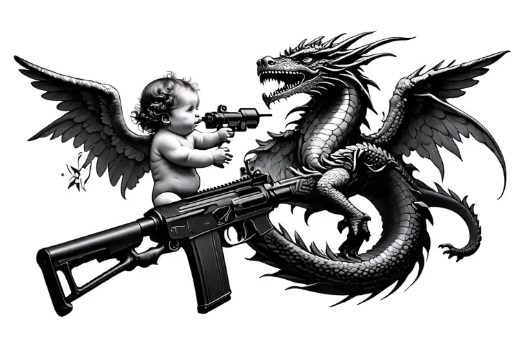ok that’s fine I want you to make me a chest tat with 2 baby angels shooting a m-16 rifle at a dragon that loops around  tattoo design idea