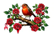 Robin sitting on branch surrounded by a lot of red roses with a cancer ribbon hanging off the end of it tattoo design idea