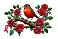 Robin sitting on branch surrounded by a lot of red roses with a cancer ribbon hanging off the end of it tattoo design idea