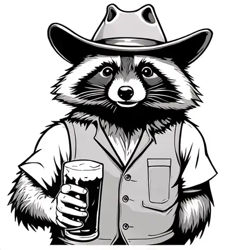 sad cowboy racoon in a vest holding a beer with a cowboy hat tattoo tattoo design idea