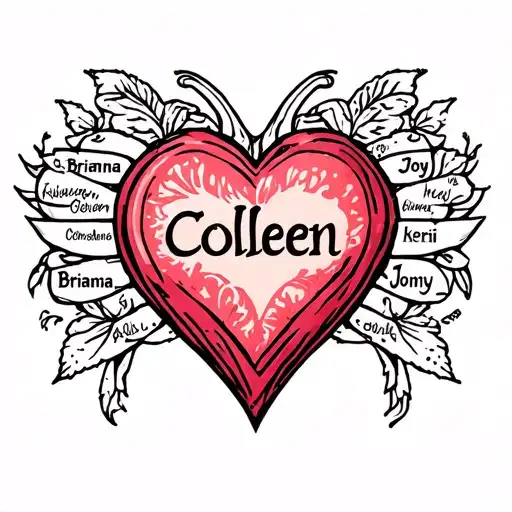 heart with the name Colleen in the middle and the names Brianna Joey Jonny and Keri as the outline of the heart  tattoo design idea