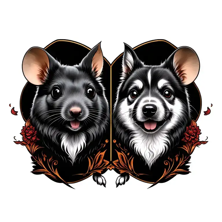 welldeness back round with year of the rat and year of the dog lovers tattoo design idea