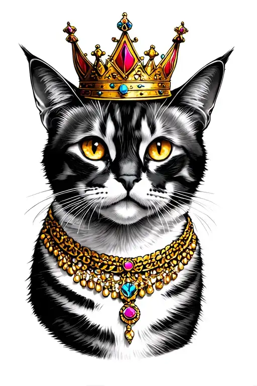 manx cat with princess crown wearing jewellery and gold tattoo design idea