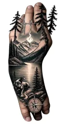Forrest and trees at the wrist, mountains, campfire, compass pointing west, dog portrait, ocean, a palm tree, EKG rhythm tattoo design idea