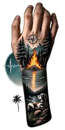 Forrest and trees at the wrist, mountains, campfire, compass pointing west, dog portrait, ocean, a palm tree, EKG rhythm tattoo design idea