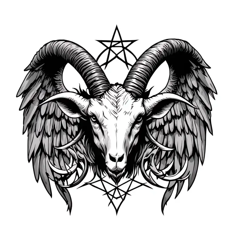 Baphomet motif, goat head, wings, pentagram, pray tattoo design idea