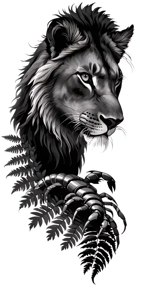 mountain and lion amd scorpion and ferns tattoo design idea
