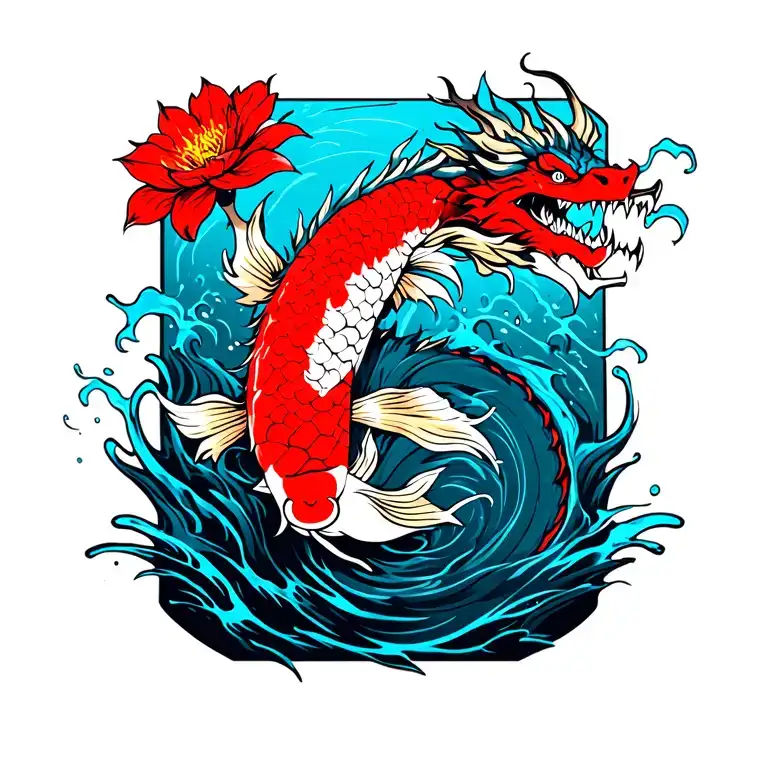dragon with water, koi fish, Japanese flower tattoo design idea