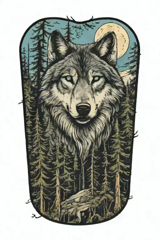 wolf blue eyes howling forest landscape tattoo design idea
