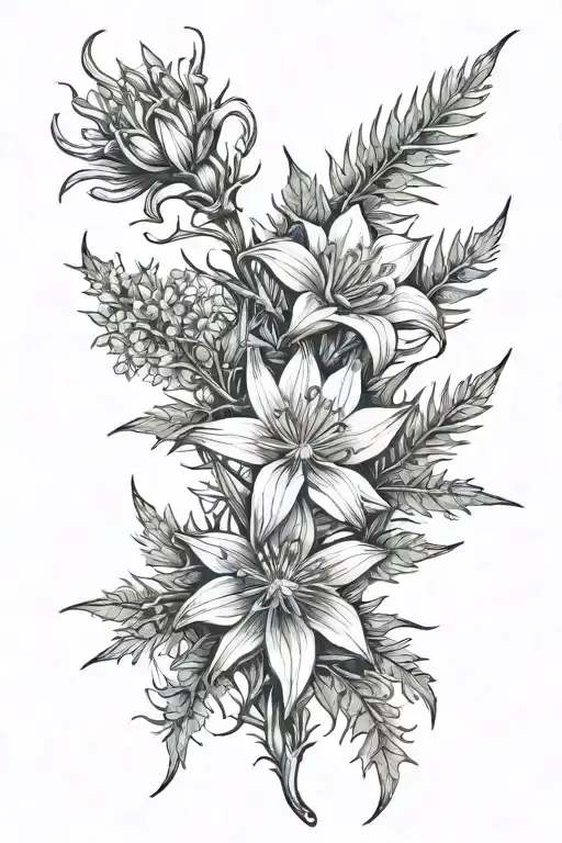 mountain, gentian, edelweiss, silver thistle tied together tattoo design idea