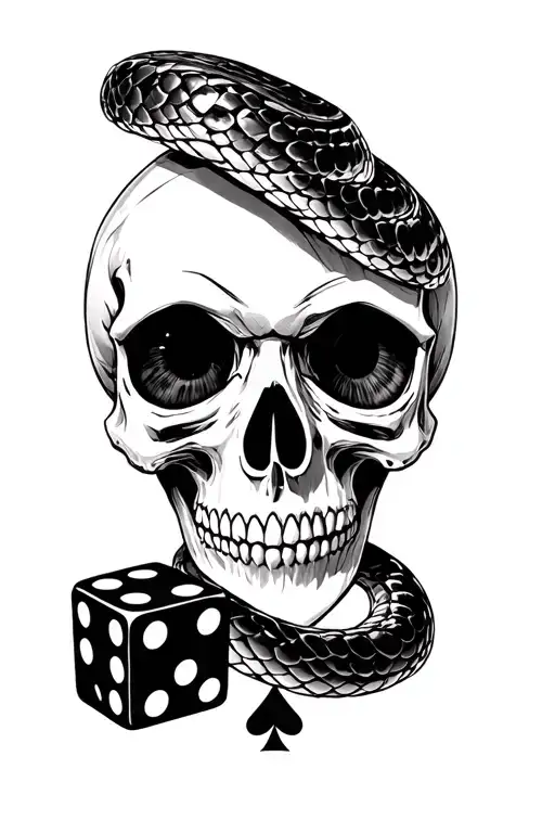 Ace of Spades skull with a dice that rolled snake eyes tattoo design idea