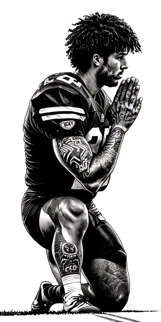 A football player kneeling in prayer on the track tattoo design idea
