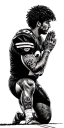A football player kneeling in prayer on the track tattoo design idea