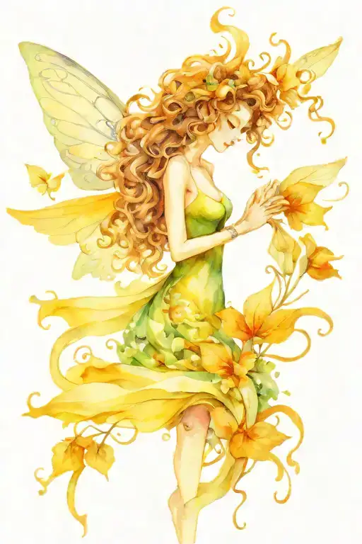 Fairy with curly hair with her back to us tattoo design idea