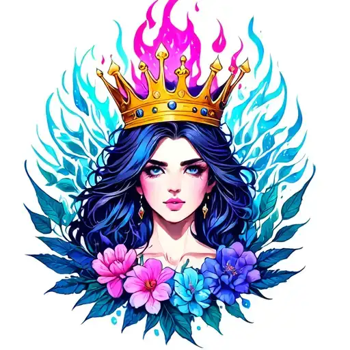 tattoo women king crown powerful full body water leaf flame galaxy blue purple flame pink mystery witch strong flowers  tattoo design idea