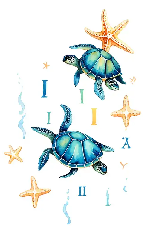 turtles, starfish and 4 roman numerals tattoo design idea
