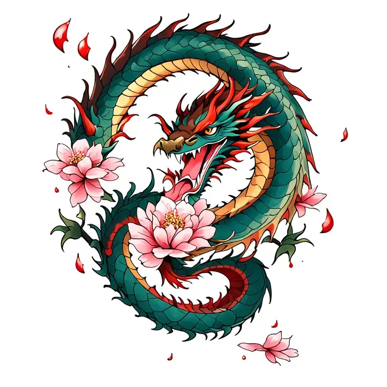 A dragon on the background of a sakura, the petals of which are flying up in front of him. There are drops of blood ever tattoo design idea