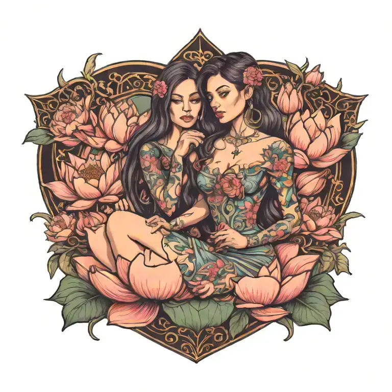 hyper realistic woman, sitting in a heart, holding a lotus flower, Colored, 3d tattoo design idea