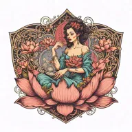 hyper realistic woman, sitting in a heart, holding a lotus flower, Colored, 3d tattoo design idea