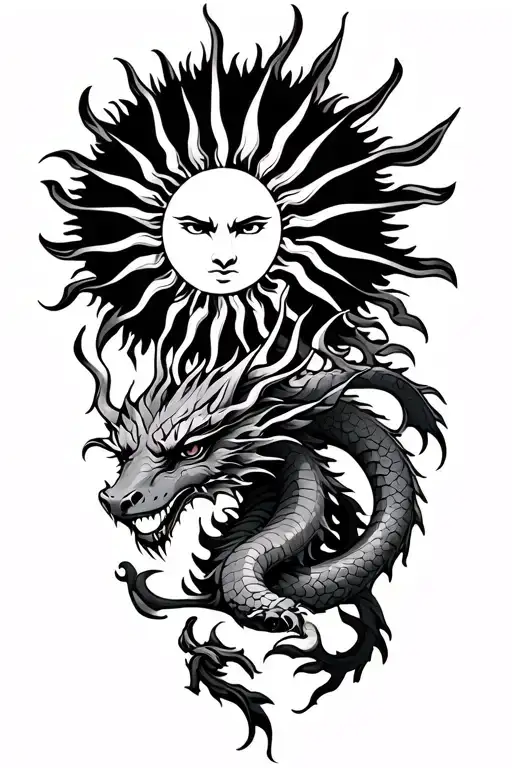 a tribal sun on shoulder  with dragon in biceps  tattoo design idea