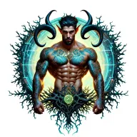 sexy gay male horned satyr with massive bodybuilder muscles flex. cyber tree roots, vines and constellations tattoo design idea