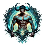 sexy gay male horned satyr with massive bodybuilder muscles flex. cyber tree roots, vines and constellations tattoo design idea