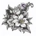  freesia, yellow roses, purple lilac, white Lily of the valley flowers, poppies, apple blossom, Pacific rhododendron,  tattoo design idea