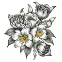  freesia, yellow roses, purple lilac, white Lily of the valley flowers, poppies, apple blossom, Pacific rhododendron,  tattoo design idea