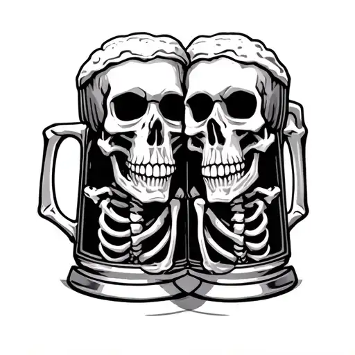 Two Skeletons Drinking beer mug tattoo design idea