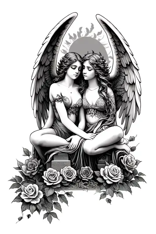 tattoo of 2 lifelike angels intertwined  sitting by a grave with roses growing and a dragon tattoo design idea