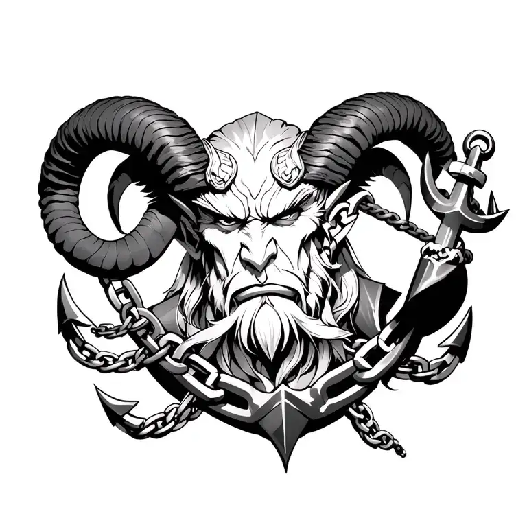 Japanese Aries god of war with big chain links and anchor and anime  tattoo design idea
