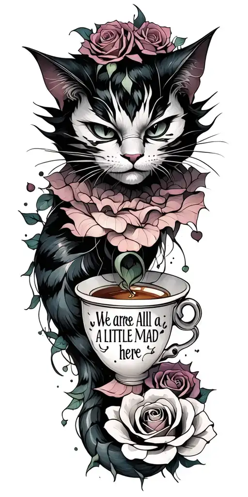 "We are all a little mad here" "We are all a little mad here"  evil cheshire cat with tail intertwined with tea cup and rose tattoo design idea