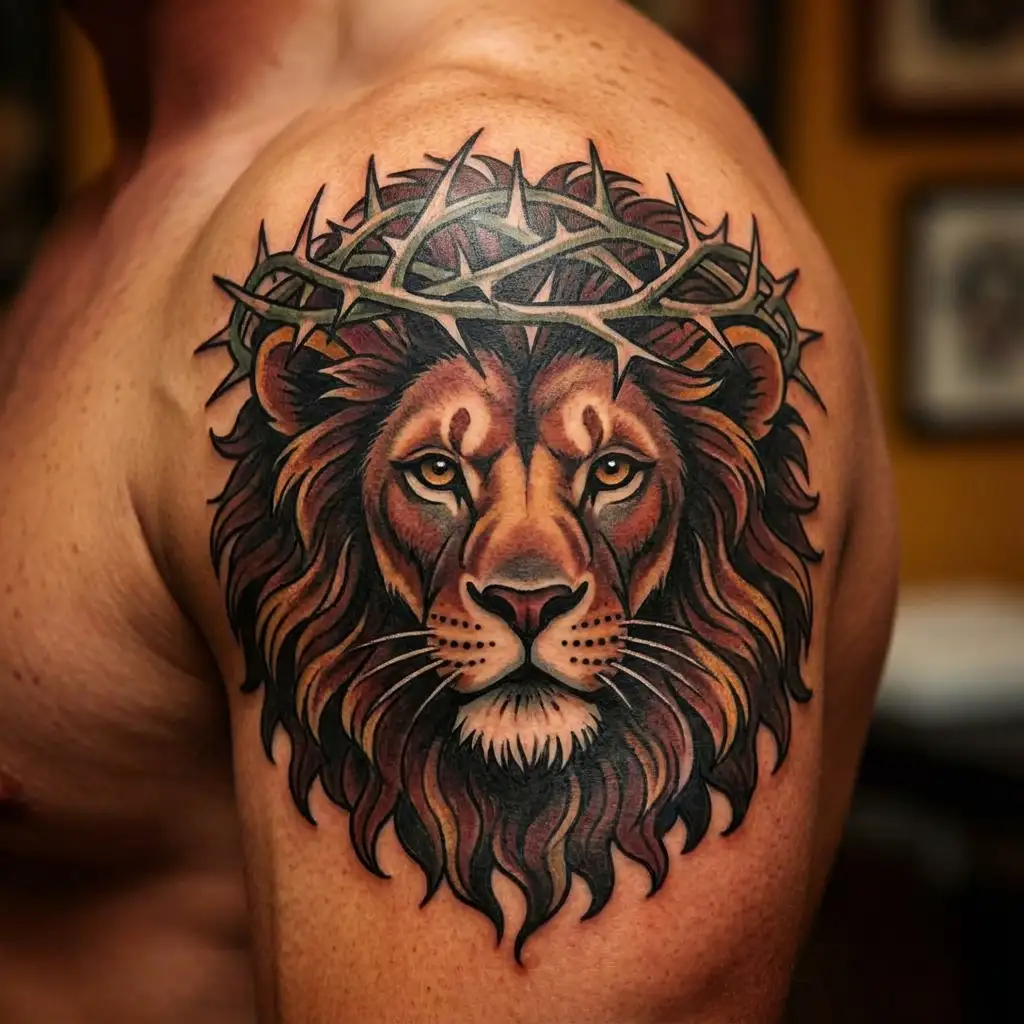 Lion of Judah on the chest of a man with a crown of thorns tattoo design idea