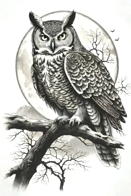 Two flying great horned owl, trees , moon, mountains back tattoo tattoo design idea