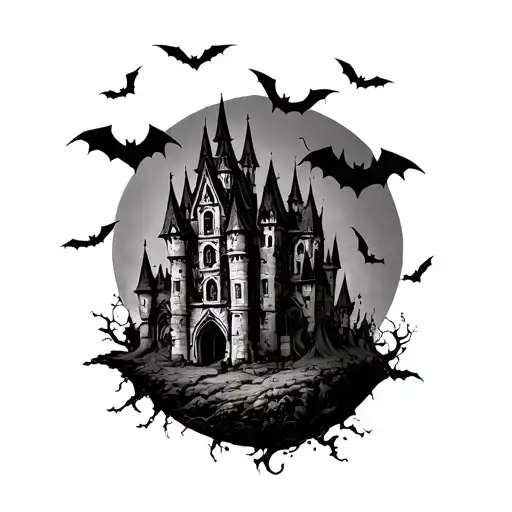 Gothic Castle with bats flying tattoo design idea